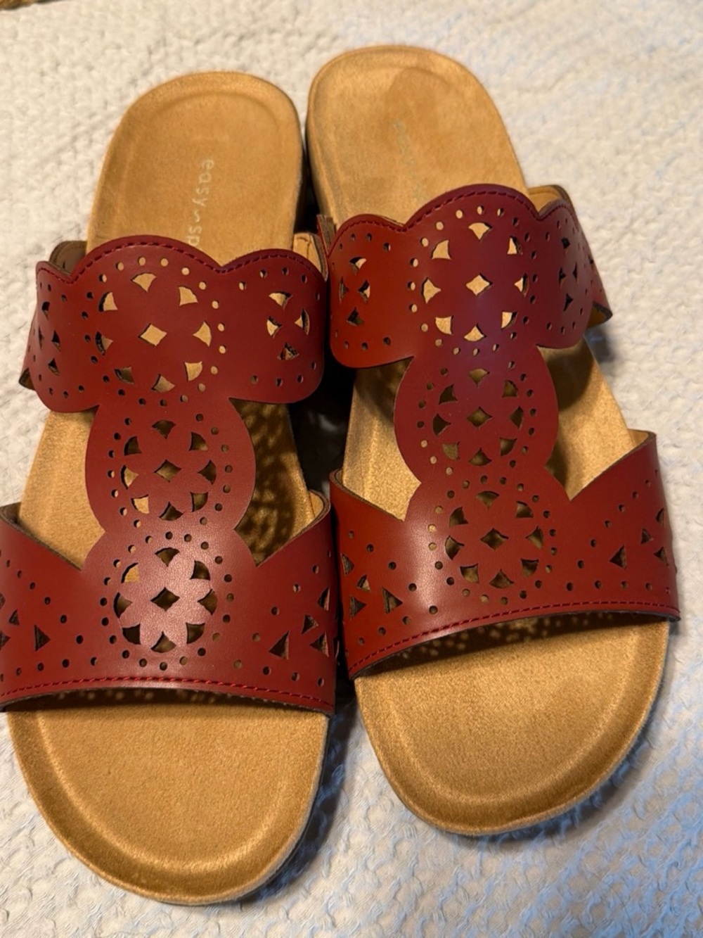 Women's Laser-Cut Slide Sandals in red with Cushioned Footbed